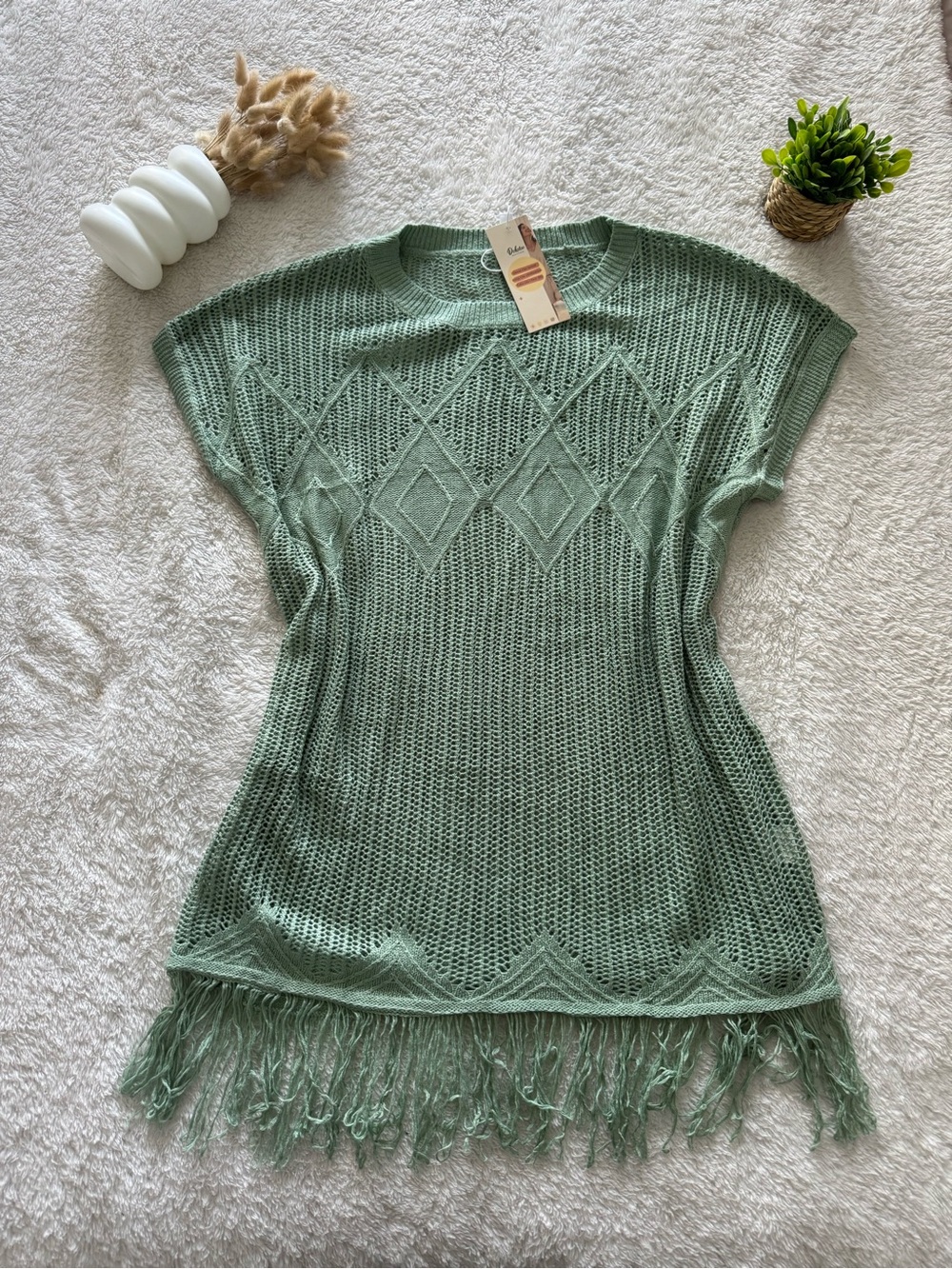 Light Sage Crochet Fringe Swim Coverup
